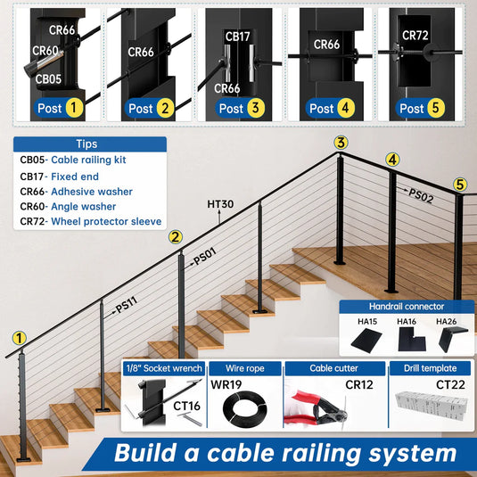 Muzata 6'6" Black Super Thin Handrail Stainless Steel Cable Railing HT30 BP4