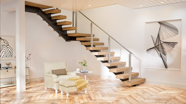 Contemporary-brushed-stair-railing-installed-in-a-bright-living-room