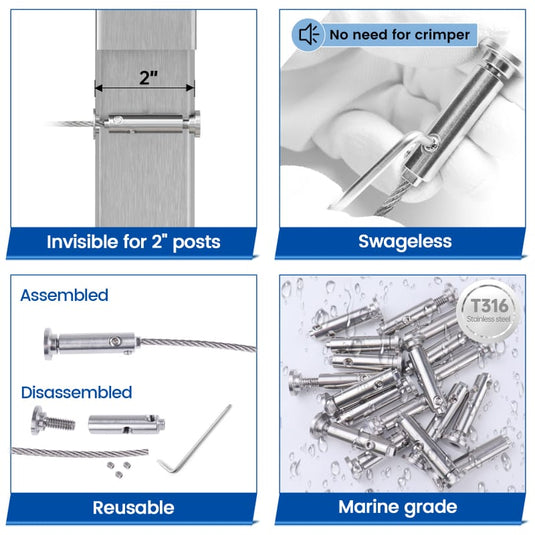 Muzata cable railing tensioner features: invisible, swageless, reusable, and marine grade