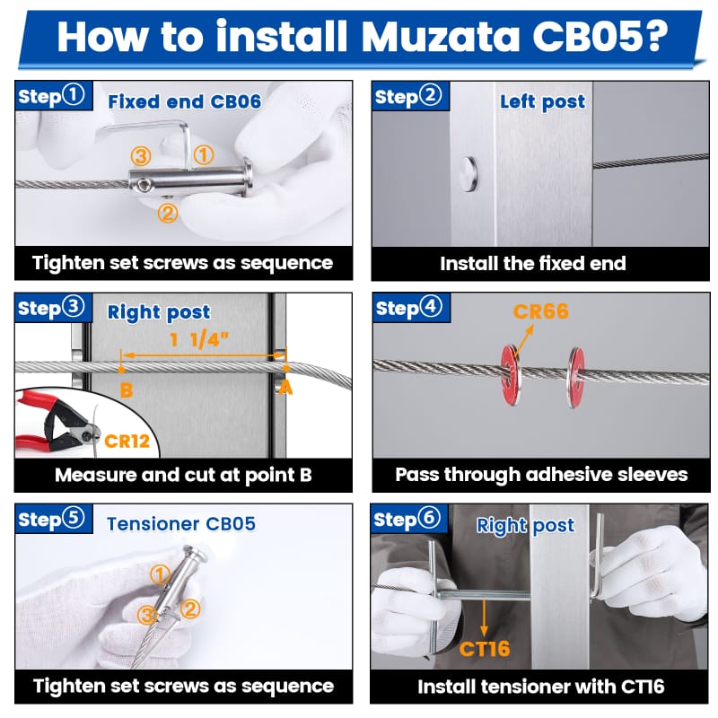 Load image into Gallery viewer, Muzata CB05 cable railing installation steps guide with visuals.