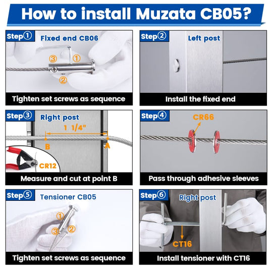 Muzata CB05 cable railing installation steps guide with visuals.