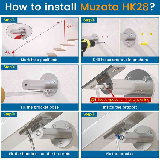 Muzata Brushed T304 Rectangle Wall Mounted Handrail Kit , HK28 SL4