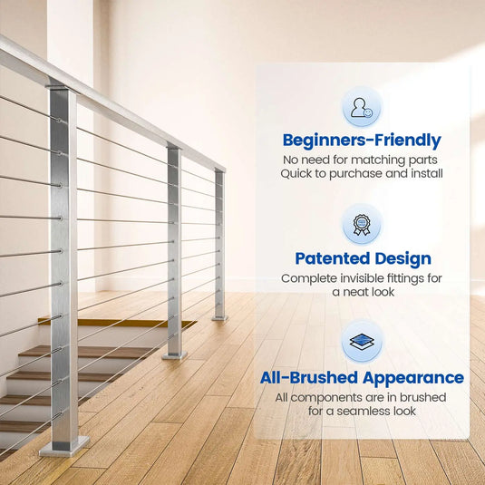 Muzata 36" Brushed Horizontal Surface Mount 6.5ft-19.5ft Complete Set Cable Railing System, One Stop Service All-in-One DIY Kit Fit