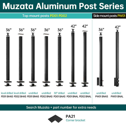 Muzata 36"x2"x2" (Post Body 33'') Aluminum Post 30°-drilled Black Finish PD01 BAAS - Muzata