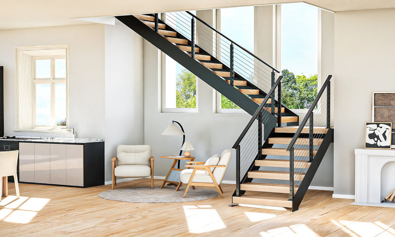 Load image into Gallery viewer, L-shaped-dual-stringer-floating-stairs-with-cable-railing