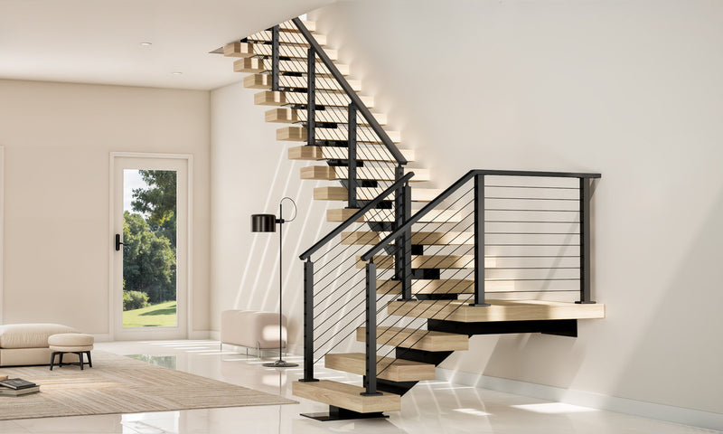 Load image into Gallery viewer, L-shaped-mono-stringer-floating-stairs-with-cable-railing