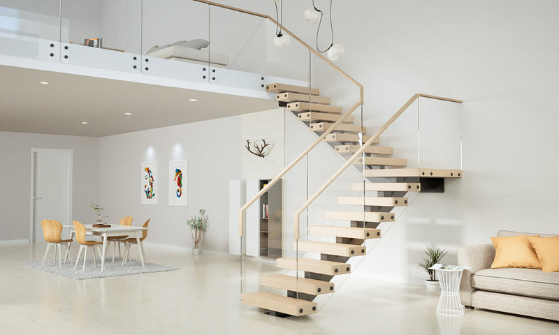 Load image into Gallery viewer, L-shaped-mono-stringer-floating-stairs-with-glass-railing