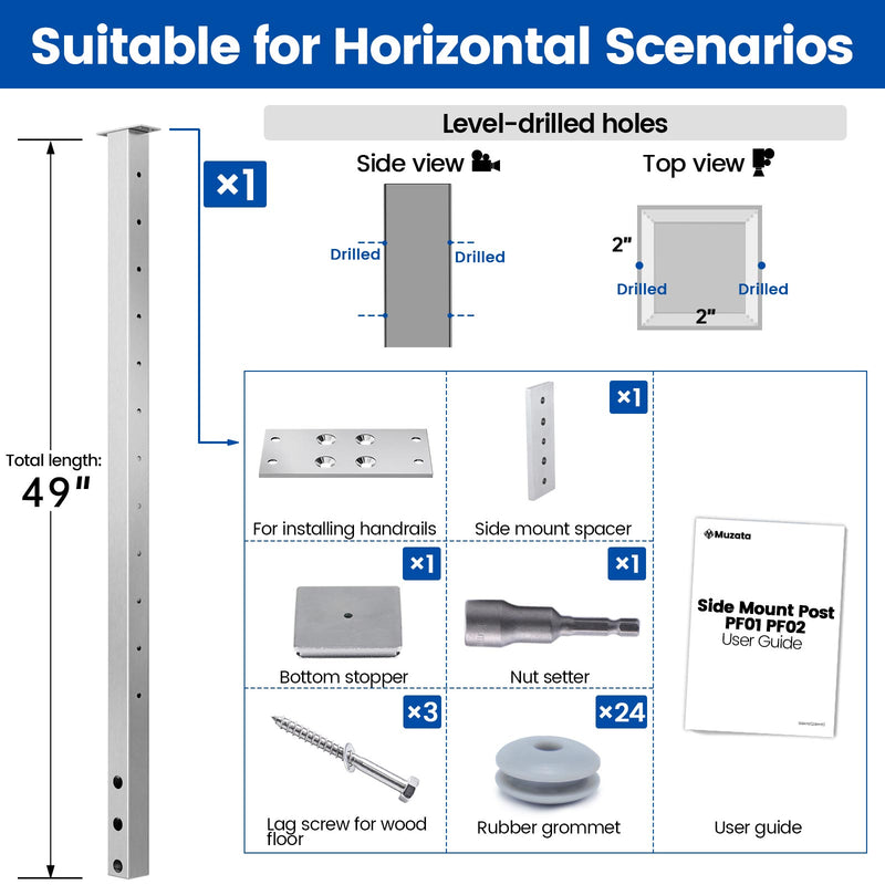 Load image into Gallery viewer, Muzata 42" Brushed Stainless Steel Side Mount Post, Level Drilled PF02 LH4L