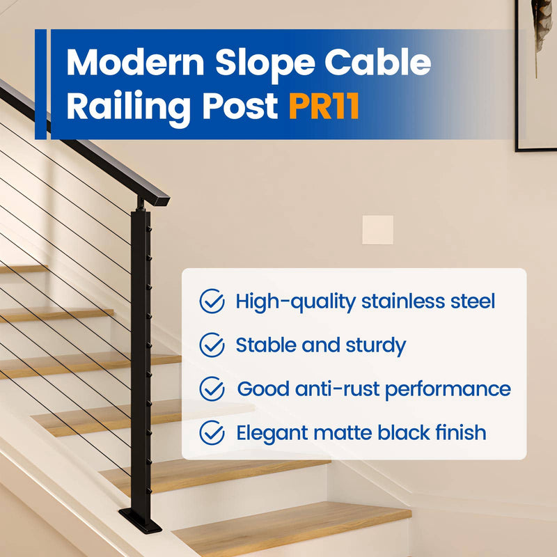 Load image into Gallery viewer, Muzata PR11 black stainless steel slope cable railing post with key features listed