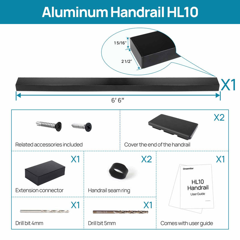 Load image into Gallery viewer, Onsemiter 6'6" Black Aluminum Flat Handrail