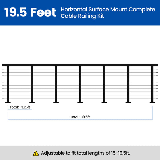 Muzata 36" 19.5ft Black Surface Mount Cable Railing Kit Horizontal