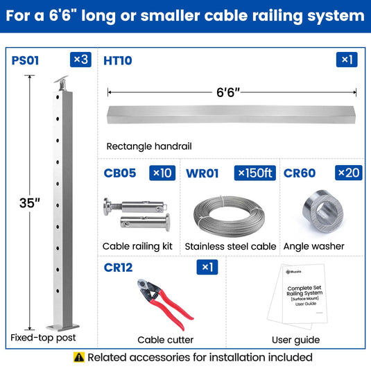 Muzata 36" 6.5ft Brushed Surface Mount Stair Cable Railing Kit Detail