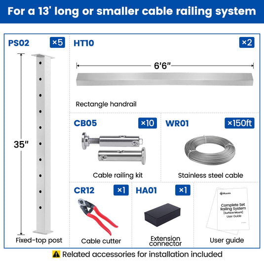 Muzata 36-in 13ft Brushed Surface Mount Horizontal Cable Railing Kit Detail