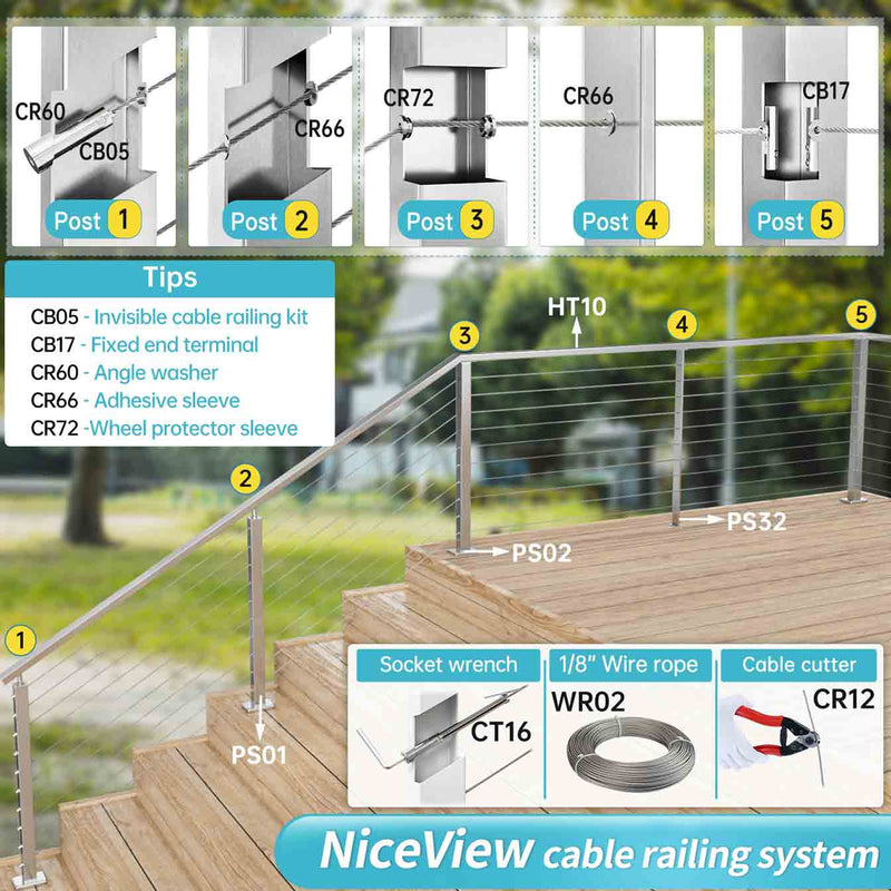 Load image into Gallery viewer, Muzata cable railing installation diagram with post and component references.