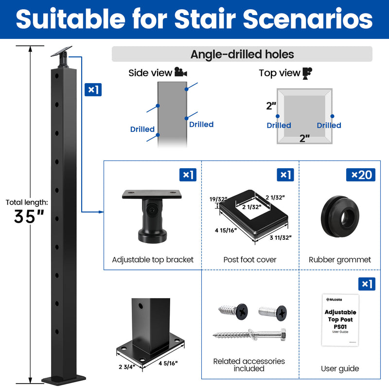 Load image into Gallery viewer, Muzata Black 36" Stainless Steel Cable Railing Post