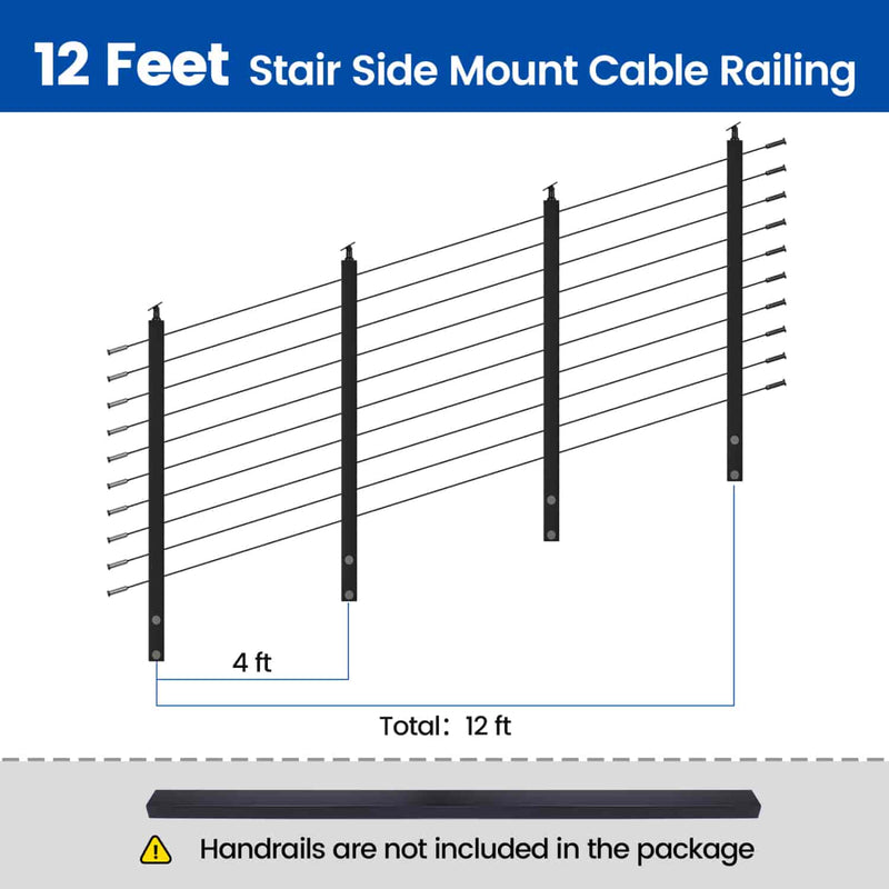 Load image into Gallery viewer, 12-foot stair side mount cable railing layout with 4ft black posts, cables shown.