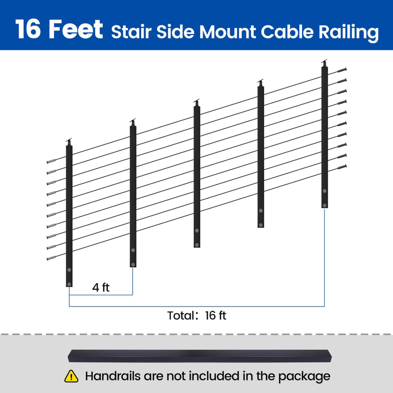 Load image into Gallery viewer, 16-foot stair side mount cable railing layout with 4ft black posts and cables, no handrails.