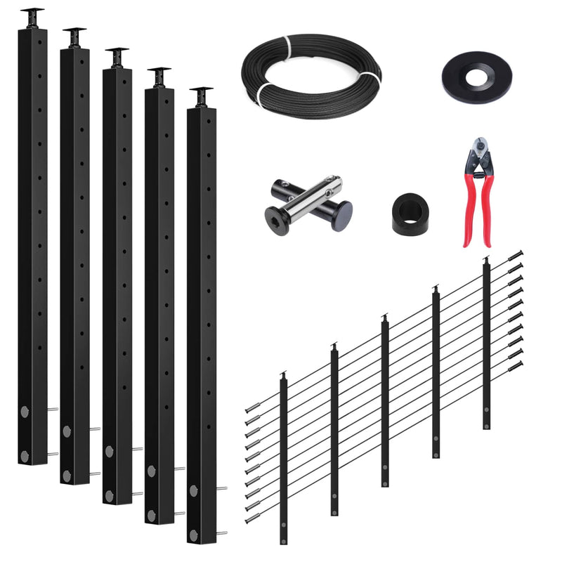 Load image into Gallery viewer, Muzata 36" black cable railing system components including posts, cables, and cutter.