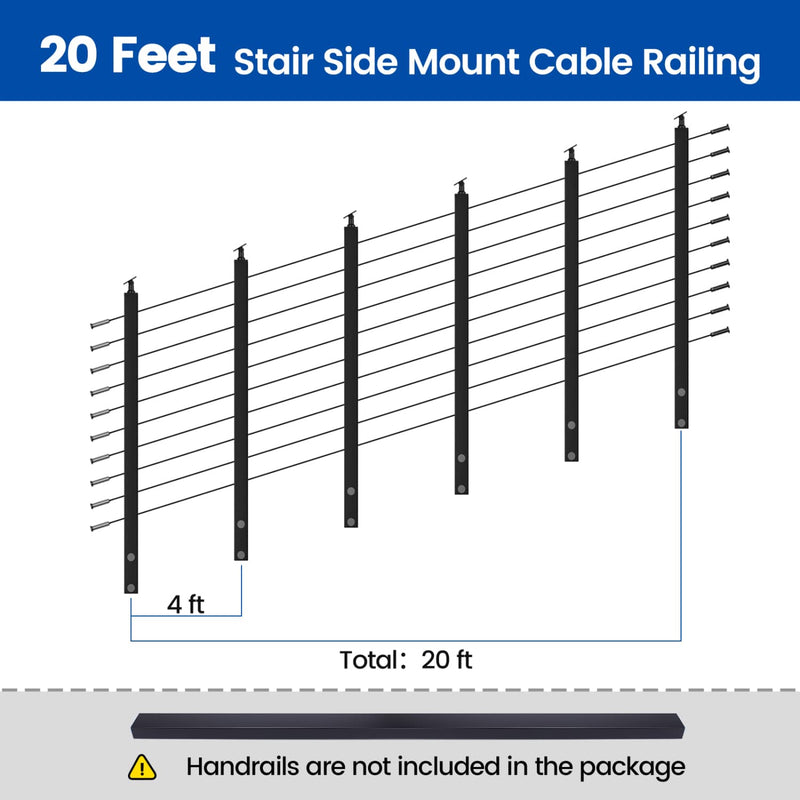 Load image into Gallery viewer, 20-foot stair side mount cable railing layout with 4ft black posts and cables.