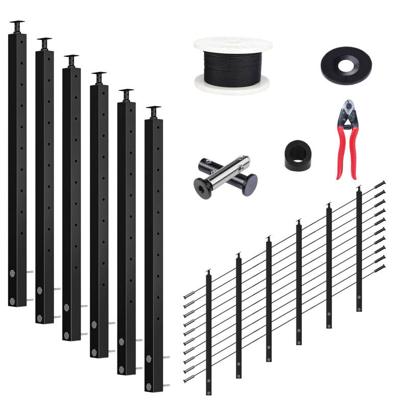 Load image into Gallery viewer, Muzata black cable railing kit with posts, cables, connectors, and wire cutter.