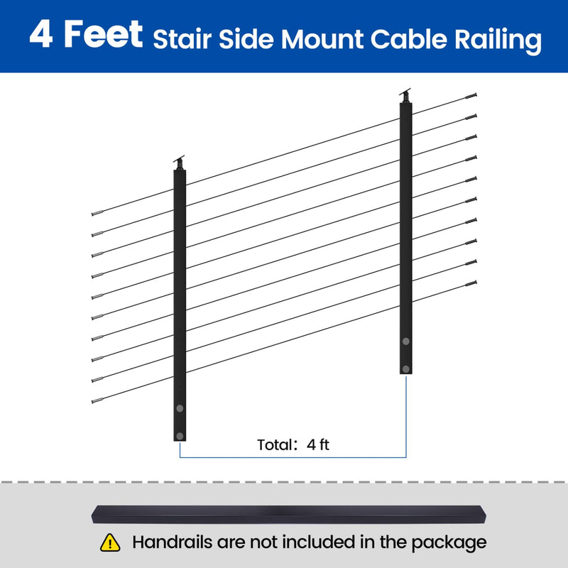Load image into Gallery viewer, 4ft stair side mount cable railing kit with black posts and cables, handrails not included.
