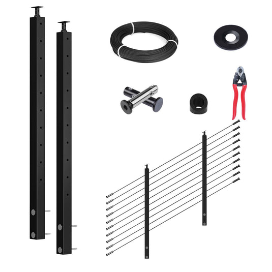 Muzata black cable railing system components including posts, cables, and cutter.