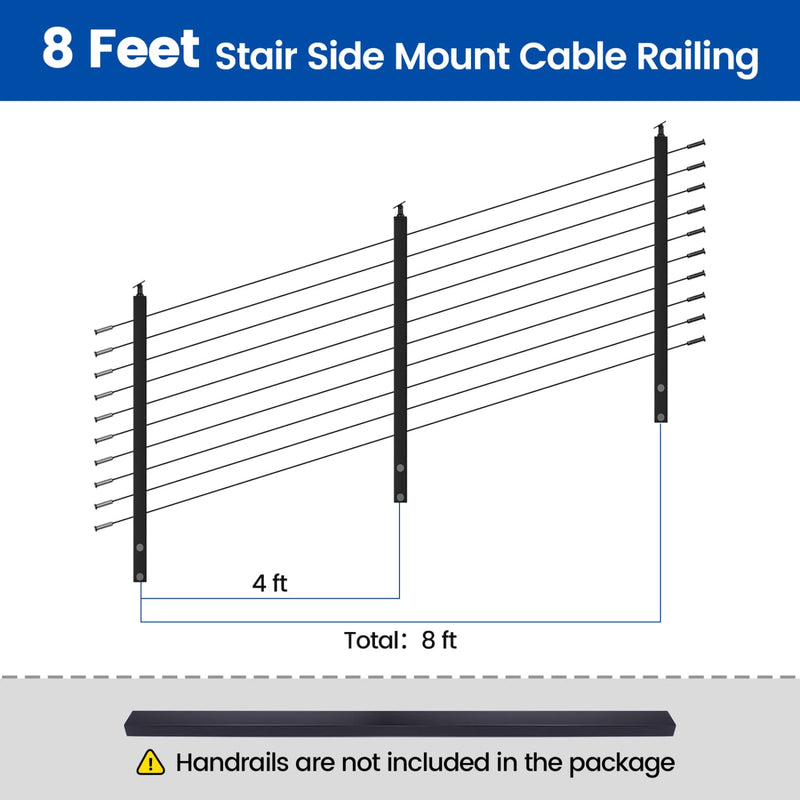 Load image into Gallery viewer, 8ft stair side mount cable railing layout with 4ft posts and cables.