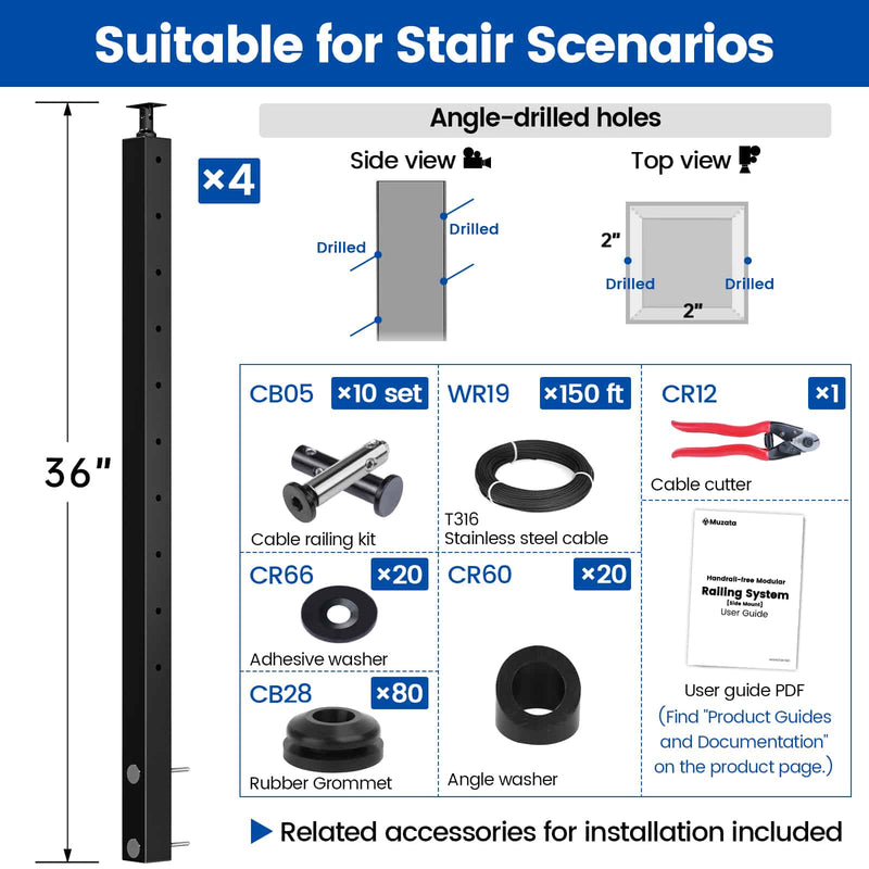 Load image into Gallery viewer, Muzata 36" black cable railing post with installation components and user guide for stairs.