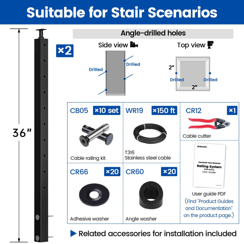 Load image into Gallery viewer, 36" black cable railing posts, components, and installation guide for stairs.