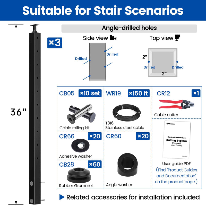 Load image into Gallery viewer, Muzata 36" black cable railing post with components for stair installation.