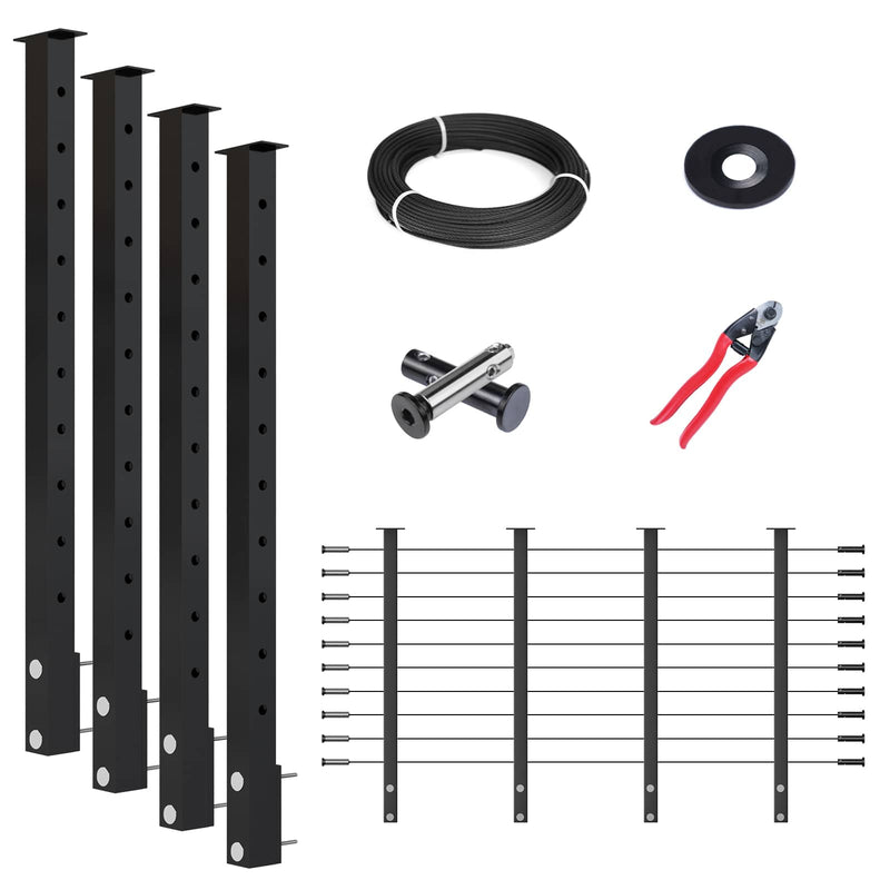 Load image into Gallery viewer, Muzata 36" black horizontal cable railing kit components: posts, cable, cutter, washers.