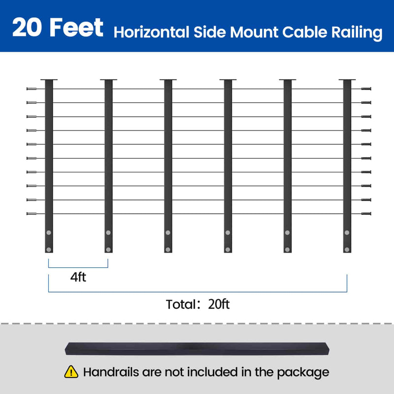 Load image into Gallery viewer, 20ft horizontal cable railing system diagram, 4ft sections, handrails not included.
