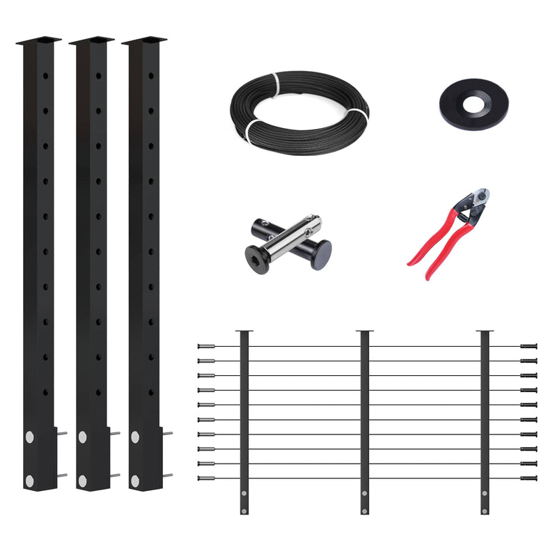 Load image into Gallery viewer, Muzata 36" black cable railing system parts: posts, wire rope, adhesive washers, cable cutter.