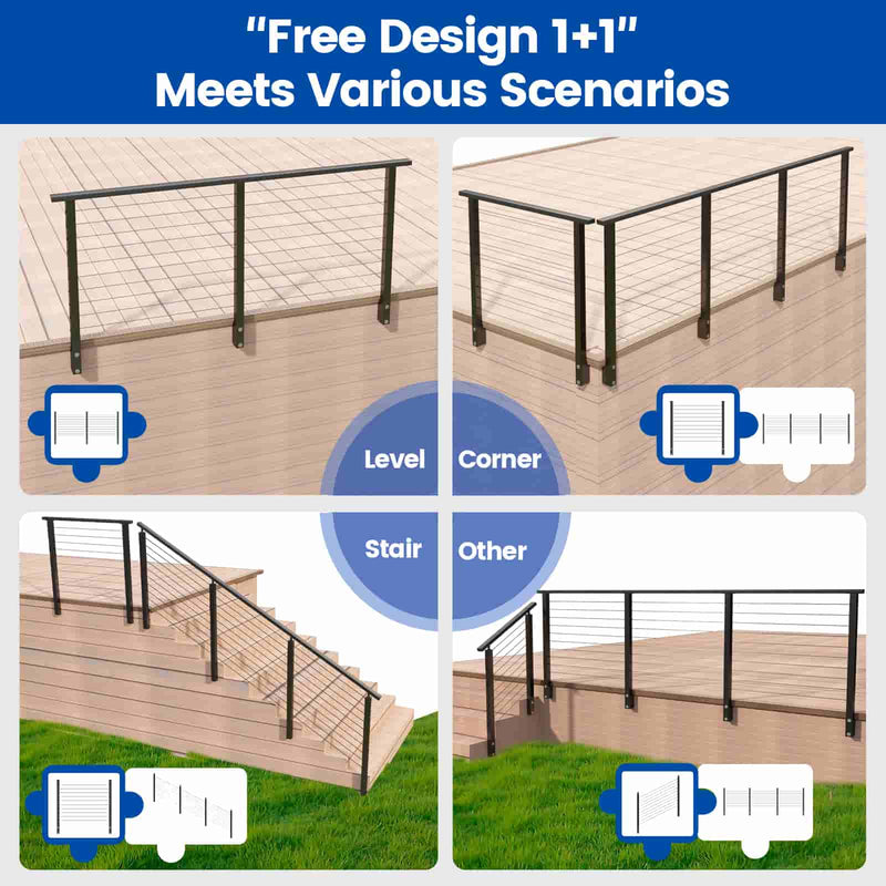 Load image into Gallery viewer, Muzata cable railing system layout for level, corner, and stair installation options.