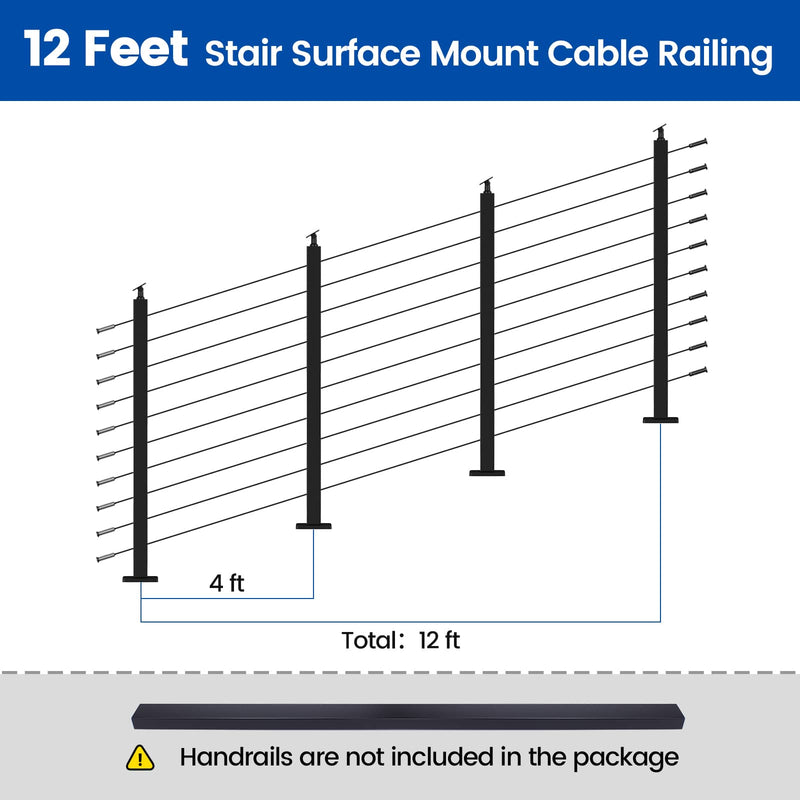 Load image into Gallery viewer, 12ft stair surface mount cable railing diagram, 4ft height, no handrails included