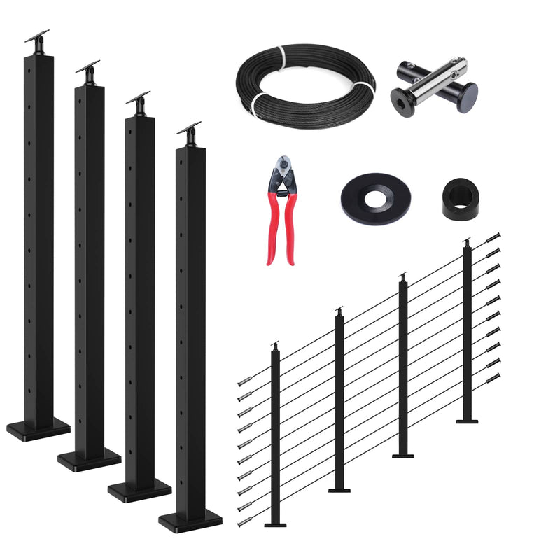 Load image into Gallery viewer, Muzata black cable railing kit components: posts, wire rope, and installation tools.