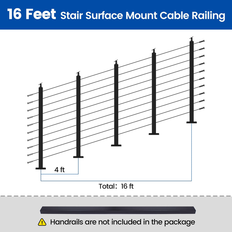 Load image into Gallery viewer, 16-foot Muzata stair surface mount cable railing system layout, 4 ft height, no handrails.