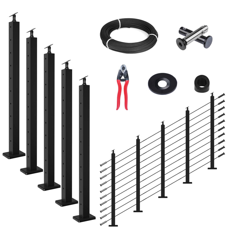 Load image into Gallery viewer, Muzata 36" black cable railing kit components: posts, cable, and installation tools.
