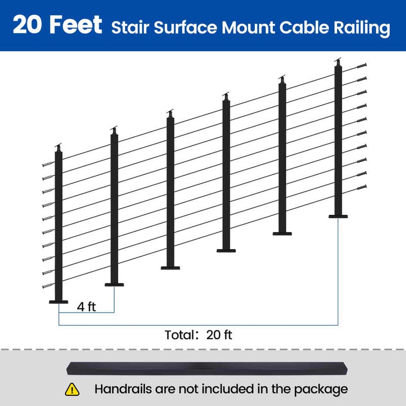 Load image into Gallery viewer, 20 ft stair surface mount cable railing layout, 4 ft height, no handrails included.