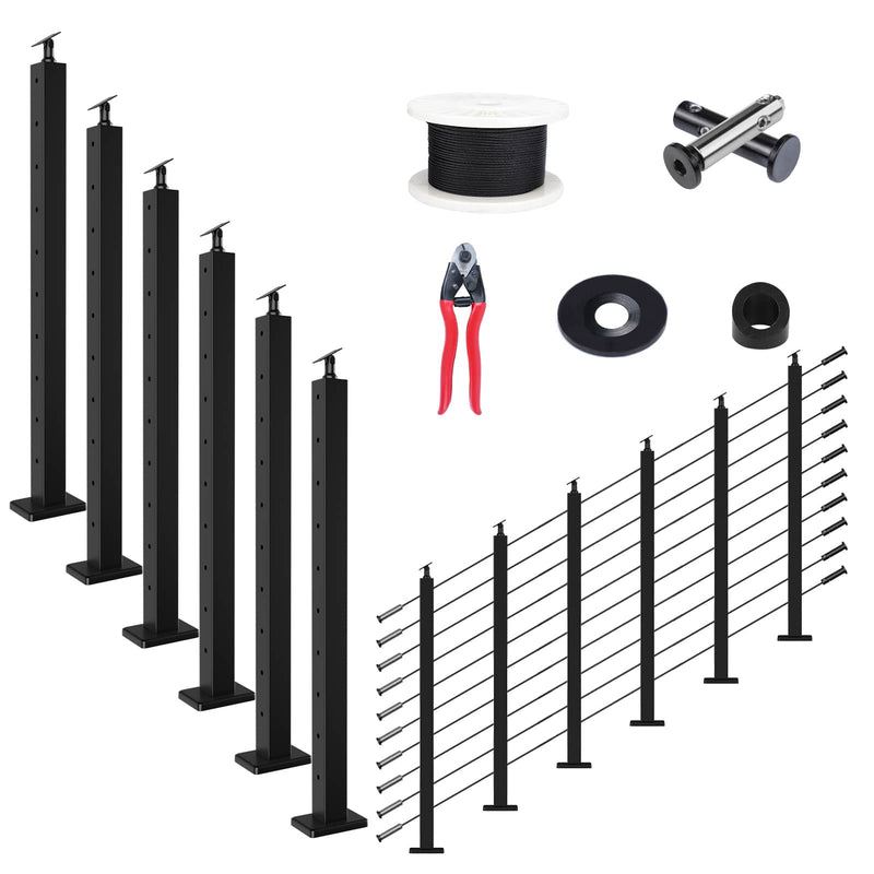 Load image into Gallery viewer, Muzata 36" black cable railing kit with posts, wire rope, and installation tools.