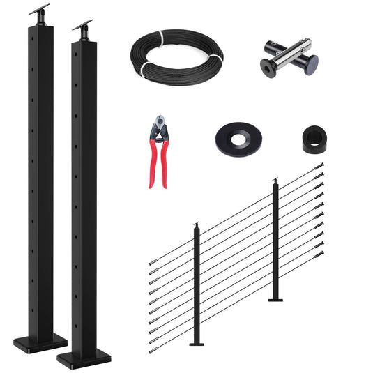 Muzata black cable railing kit with posts, wire rope, and installation tools