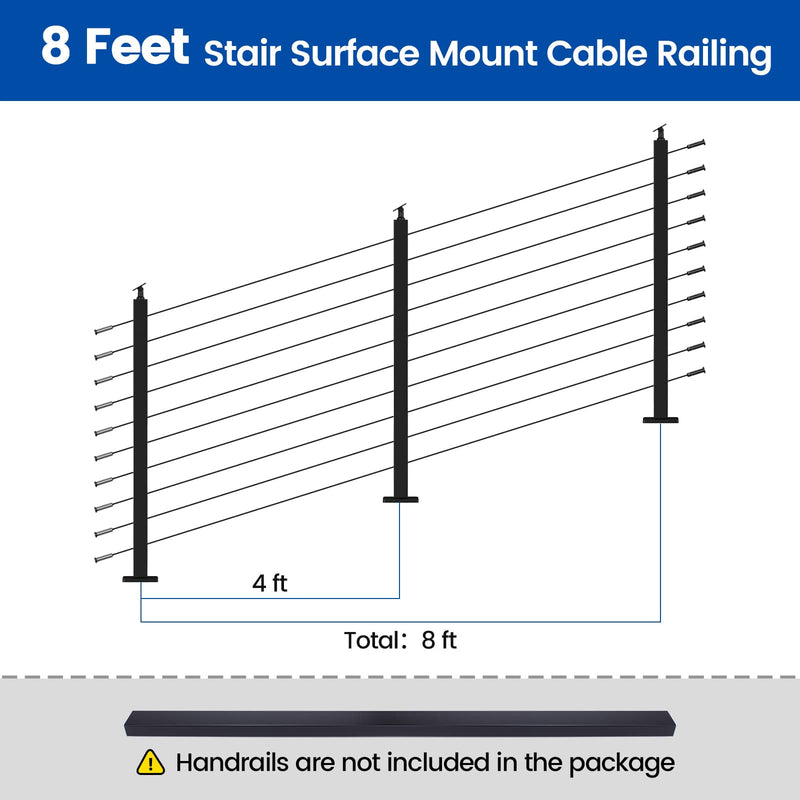 Load image into Gallery viewer, 8 feet stair surface mount cable railing diagram with 4 ft height.