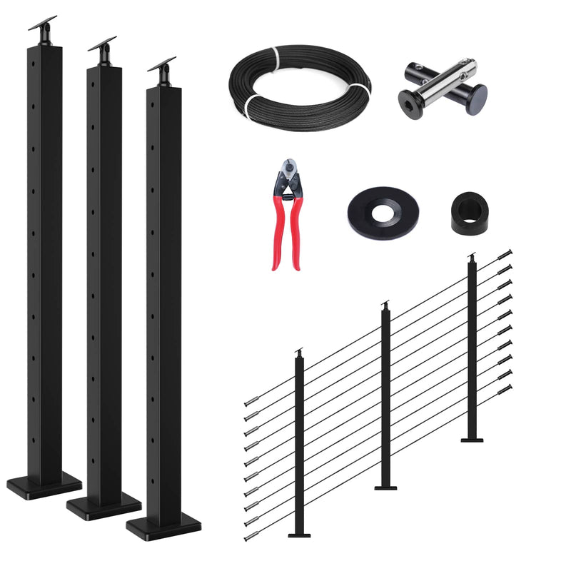 Load image into Gallery viewer, Muzata 36" black cable railing kit components with posts, cable, and tools.