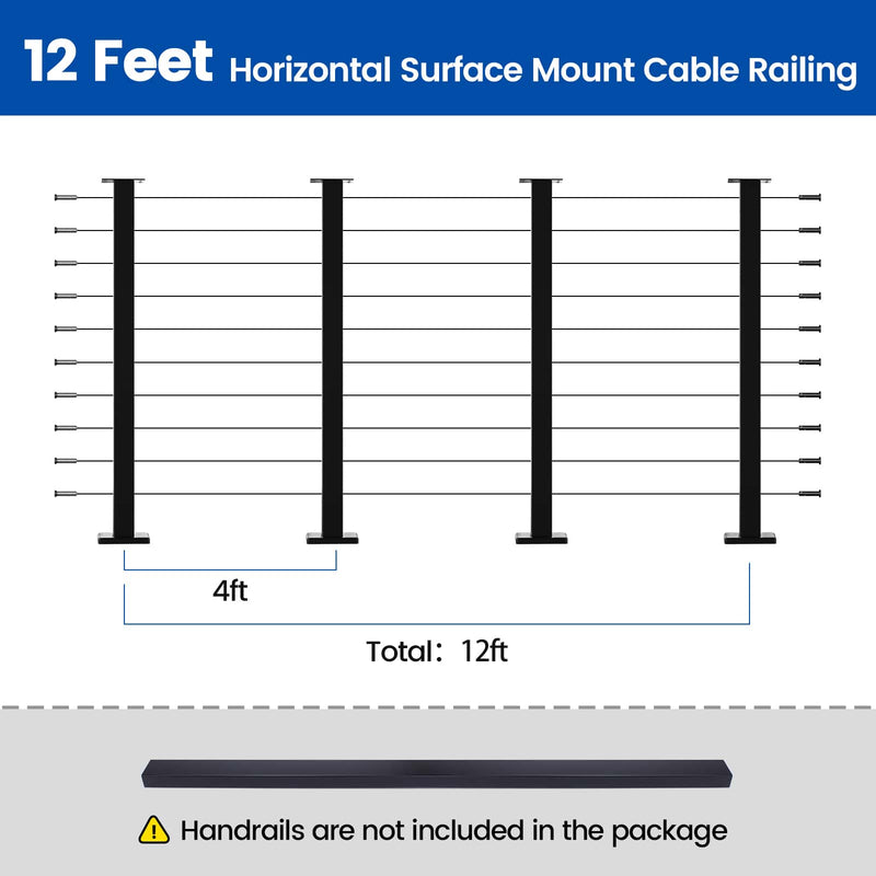 Load image into Gallery viewer, 12ft horizontal surface mount cable railing diagram with black posts, no handrails included.