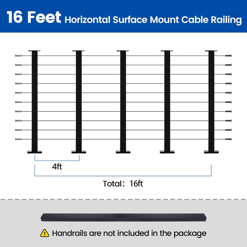 Load image into Gallery viewer, 16ft horizontal surface mount cable railing diagram with black posts, no handrails included.