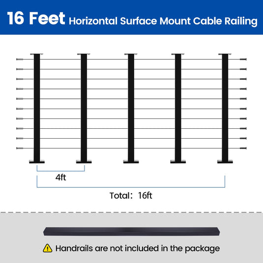 16ft horizontal surface mount cable railing diagram with black posts, no handrails included.
