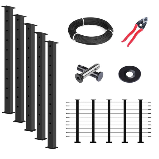 Muzata 36-inch cable railing kit components: black posts, wire rope, and cable cutter.
