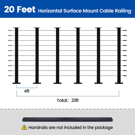 20ft horizontal cable railing system diagram with 4ft segments, black posts, no handrails.