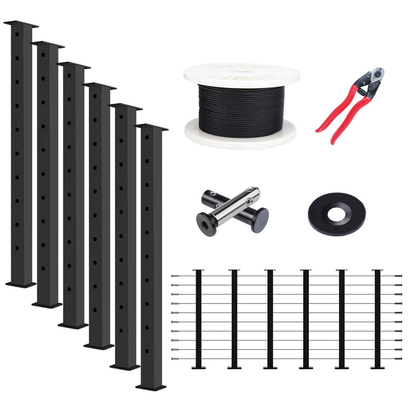 Load image into Gallery viewer, Muzata cable railing kit: black posts, wire rope, cable cutter, and fittings.