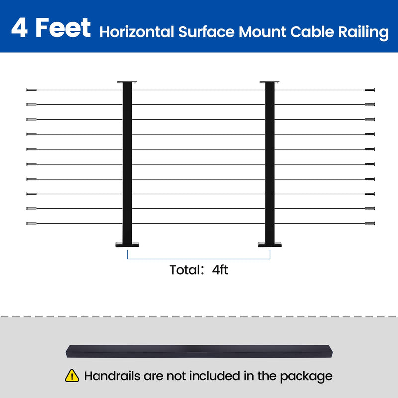 Load image into Gallery viewer, 4ft horizontal surface mount cable railing system with black posts and wire ropes.